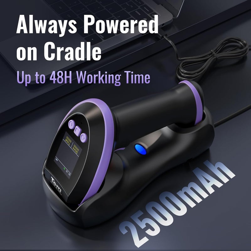 Tera Barcode Scanner Wireless with Screen: Pro Version 1D 2D QR with Setting Keypad Charging Cradle Works with Bluetooth 2.4G Wireless USB Wired Handheld Bar Code Reader HW0009 Purple - Image 3